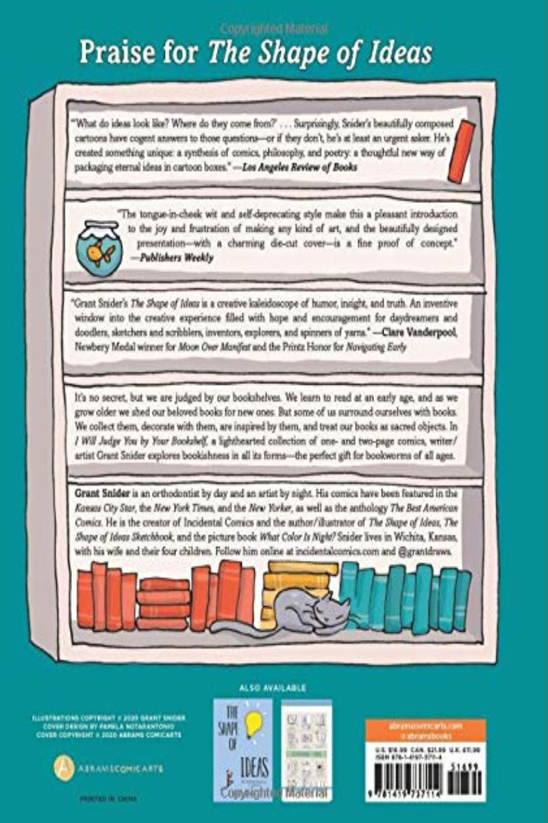 Back cover of a book with text and illustrations about 'The Shape of Ideas' by Grant Snider.